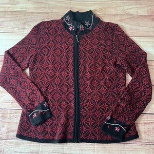 Alpaca Imports Womens Sweater Sz Large Black Red Full Zip Handmade Peru Embroid.